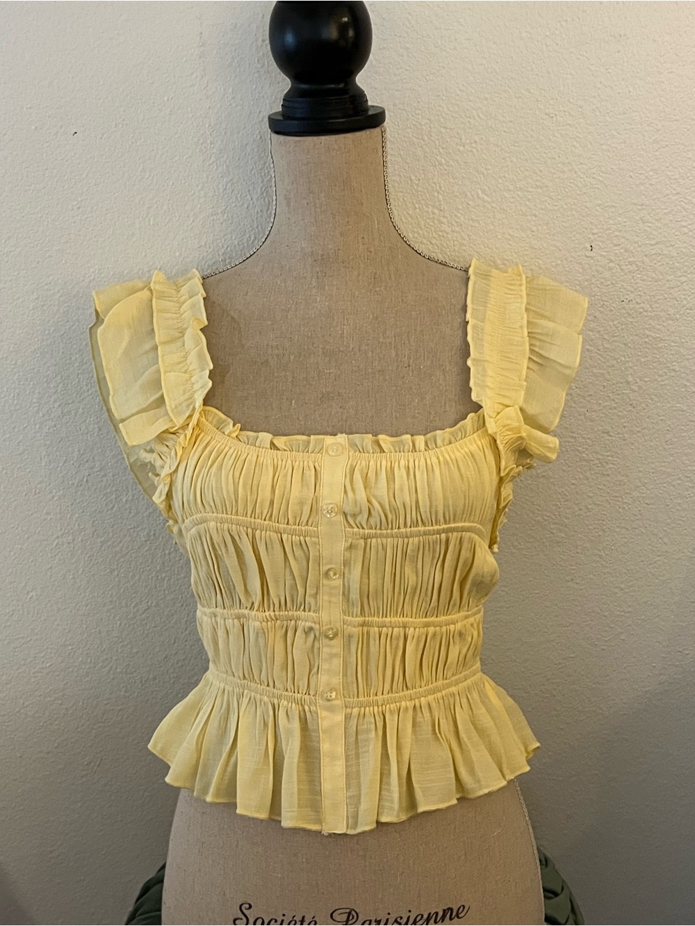 Smocked Yellow Ruffle Crop Top with Button Front